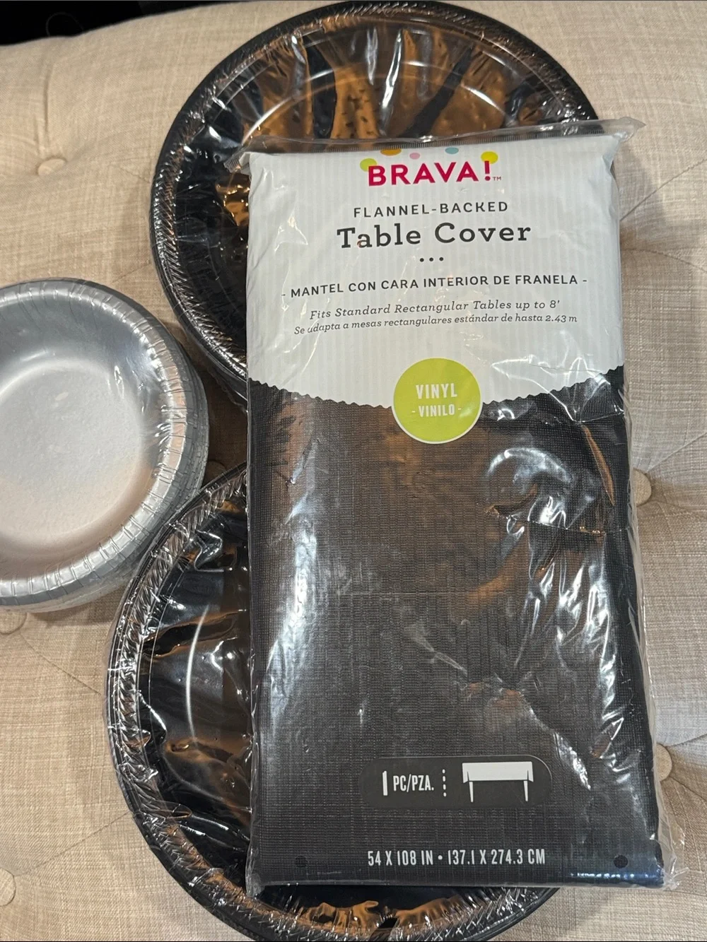 Black Flannel-Backed Vinyl Table Cover and Plate Bundle